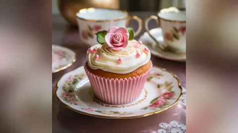 Elegant pink rose cupcake on a vintage floral saucer in a romantic tea party setting.