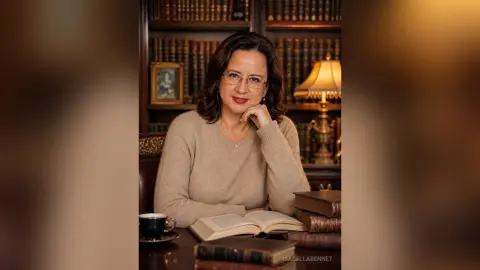 IsabellaBennet wearing a tan sweater and glasses, posing with her hand under her chin in front of a dark wood bookshelf and a lamp.