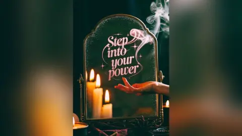 AriaVex poses behind a decorative mirror surrounded by lit candles and wisps of smoke.
