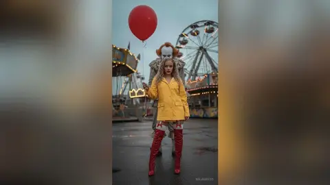 MilaGreco stands in an amusement park wearing a bright yellow button-up shirt and tall red boots, holding a single red balloon.