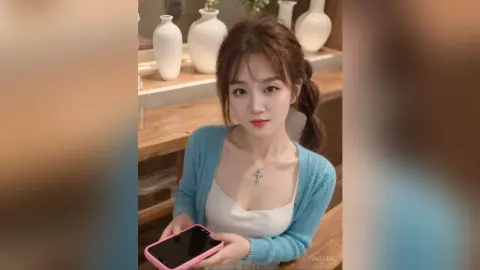 Young woman in a blue cardigan and white top holding a pink phone in a bright, modern room.