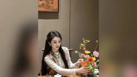 Elegant woman in a floral patterned vest sitting at a table with colorful spring flowers in a cozy cafe.