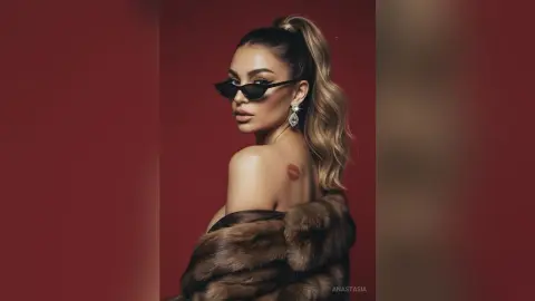 Glamorous woman in black sunglasses and brown faux fur coat posing against a red studio background.