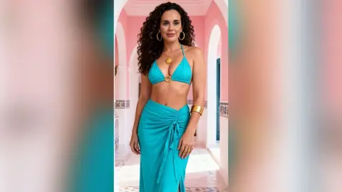 Smiling woman in a turquoise bikini top and matching maxi skirt posing in a sunny pink Mediterranean courtyard.