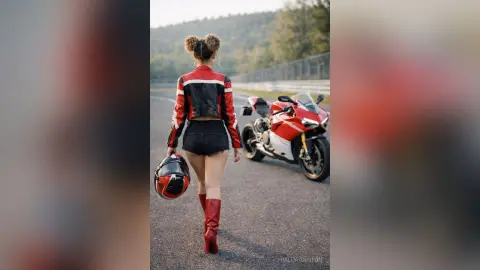 Woman in red and black biker jacket and denim shorts walking toward a red sport motorcycle on an asphalt track.