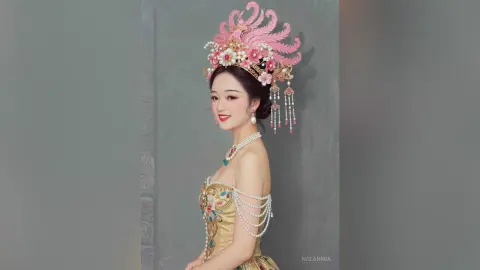 Elegant woman in ornate gold traditional Chinese hanfu with a large pink floral headpiece and pearl jewelry.