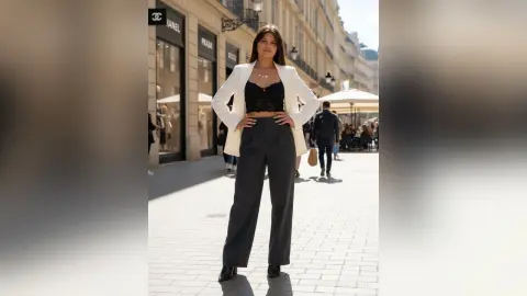 Stylish woman in a white blazer and black lace top posing on a sunny city street near luxury boutiques.