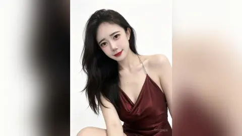 YiyiChen poses with long black hair, wearing a low-cut red satin dress against a white background.