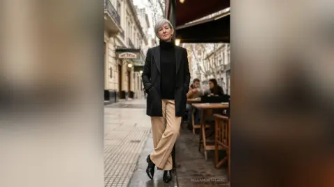 BellaMontclaire stands on a city sidewalk wearing a black blazer, black turtleneck, and tan trousers.