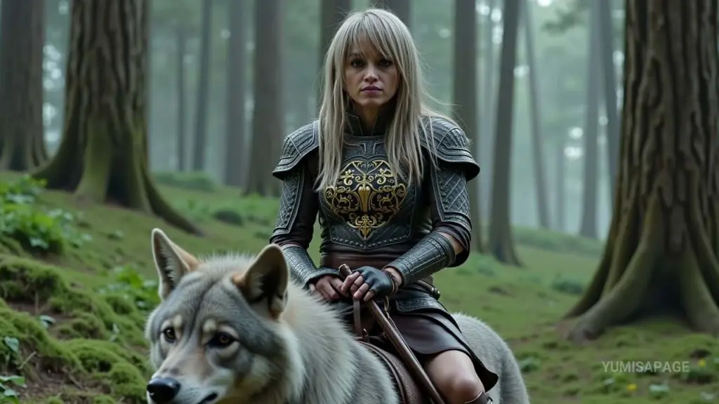 YumisaPage — Blonde female warrior in dark leather armor riding a gray wolf through a misty, mystical forest.