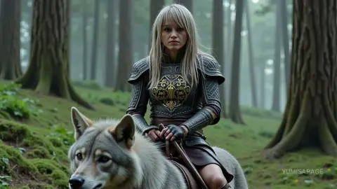 Blonde female warrior in dark leather armor riding a gray wolf through a misty, mystical forest.