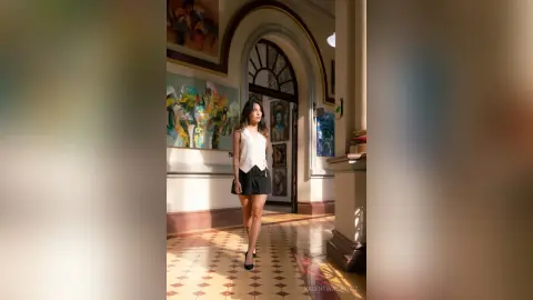 Elegant woman in a white sleeveless top and black skirt walking through a sunlit art gallery hallway.