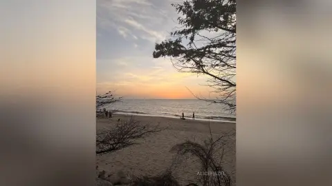 Peaceful sunset view over a sandy beach with silhouettes of people walking near the ocean waves.
