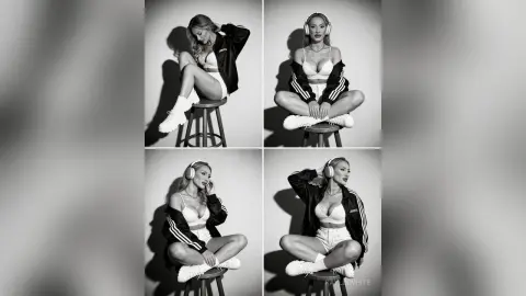 Fashionable woman in white crop top and shorts wearing headphones, posing in a moody black and white studio setting.