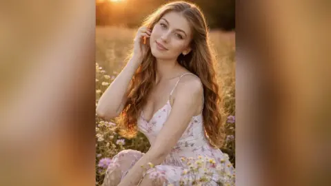 Smiling young woman in a white floral sundress sitting in a dreamy wildflower field during golden hour.