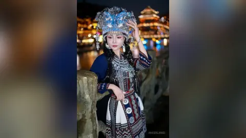 Woman in ornate traditional Chinese hanfu costume and silver headpiece posing by a night river.