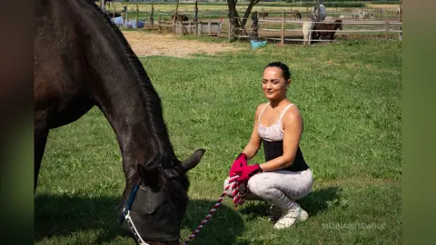 Smiling woman in white leggings and black tank top grooming a dark horse in a sunny green pasture.