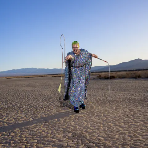 Energetic person in a shimmering silver sequin gown performing with a whip in a vast desert landscape.