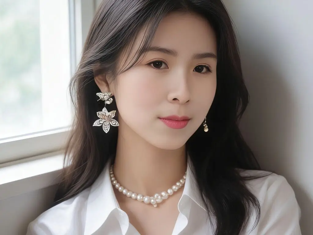 Elegant woman in a white blouse and pearl necklace wearing floral earrings by a bright window.