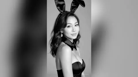 Elegant woman in a black bunny ear headband and strapless outfit posing against a minimalist studio background.