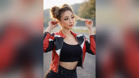 Young woman in a red and black leather jacket posing outdoors during golden hour sunset.