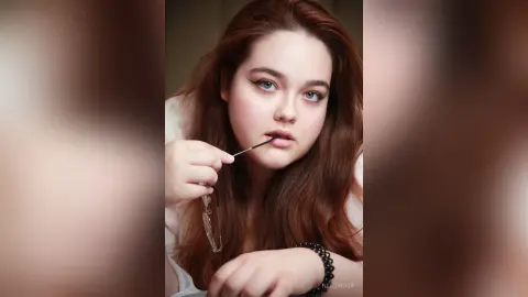 Young woman with long red hair applying lip gloss in a soft, moody indoor portrait.