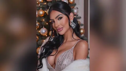 Glamorous woman in a sequined party dress and white fur shawl posing by a festive Christmas tree.
