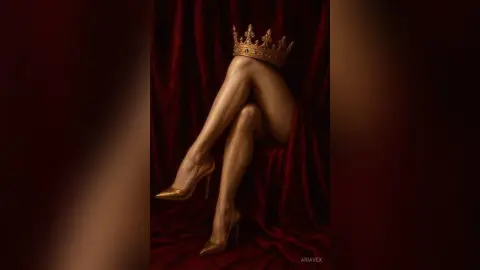 AriaVex poses with her legs bent against a red velvet backdrop, wearing a gold crown and gold high heels.