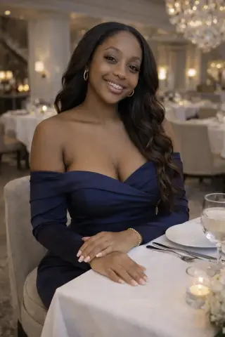 Smiling woman in a navy blue off-the-shoulder dress dining at an elegant, candlelit restaurant.