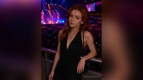 MozelleRozycki poses in a black low-cut jumpsuit with her long red hair down, standing against a dark concert or event background with purple lights.