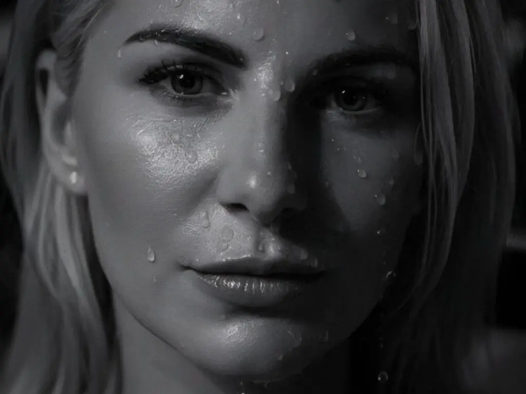 Close-up black and white portrait of a blonde woman with wet skin and a serene expression.