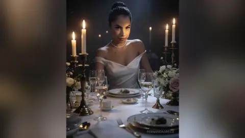 Elegant woman in a white satin dress dining at a romantic candlelit dinner table with flowers and wine.