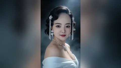 EnyaLin poses in a white off-the-shoulder dress with long silver earrings and a matching necklace.