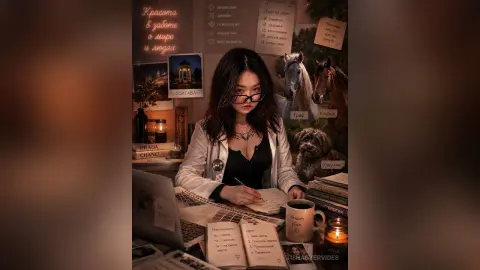 TishaOyervides wears glasses and a white shirt over a black top, sitting at a desk with books and a mug in a warm, indoor setting.