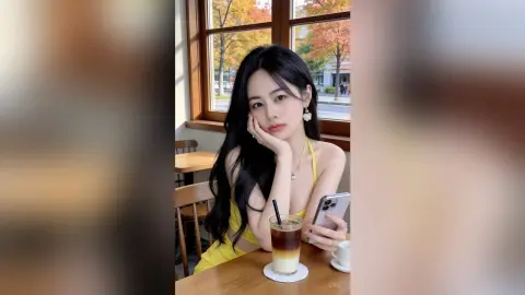 Young woman in a yellow summer top holding an iced coffee in a bright cafe setting.