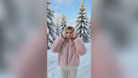 Young woman in a cozy pink faux fur coat and earmuffs standing in a snowy winter forest landscape.