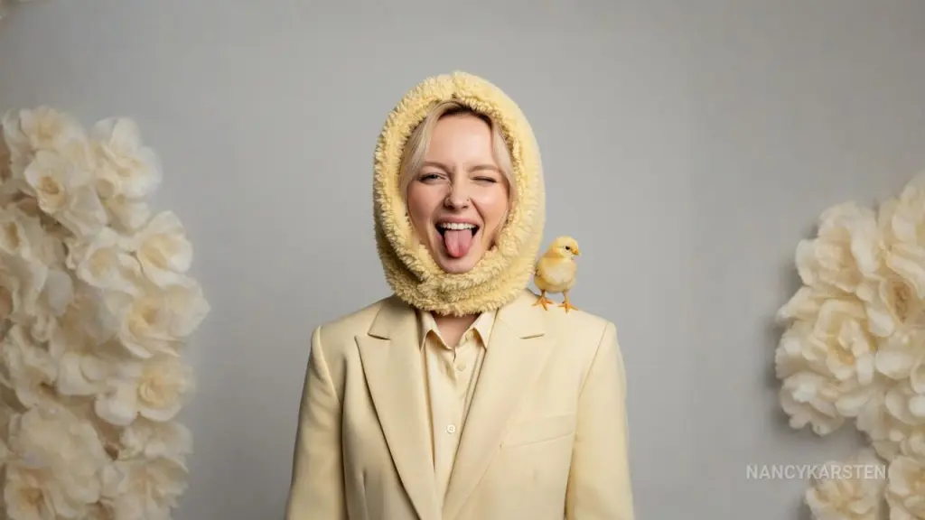 NancyKarsten — Blonde woman in a cream blazer and fuzzy hood playfully sticking her tongue out next to a small yellow chick.