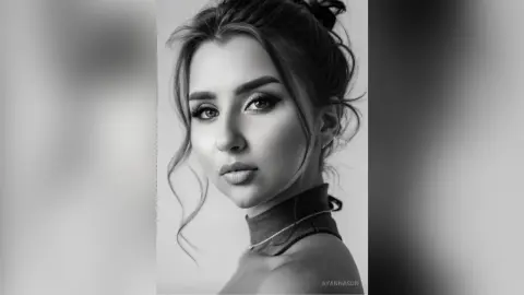 Elegant woman with messy bun hairstyle and glamorous makeup posing in a moody black and white portrait.