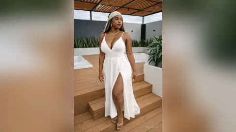 Elegant woman in a white maxi dress and headscarf posing on a wooden deck in a sunny outdoor setting.