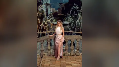 Elegant woman in a blush pink halter gown posing by a stone fountain in a dreamy garden setting.