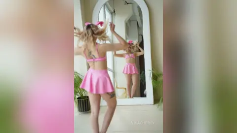 Young woman in a pink crop top and mini skirt dancing in front of a mirror in a bright room.