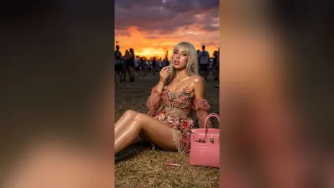 Blonde woman in a floral pink lace dress sitting on grass during a dreamy sunset outdoor festival.