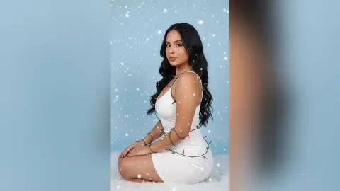 Beautiful woman in a white cocktail dress sitting against a blue snowy background with festive fairy lights.