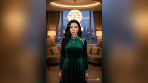 Elegant woman in a dark green velvet gown posing in a luxury hotel suite with warm ambient lighting.