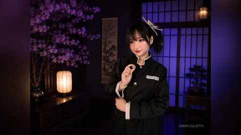 Young woman in black traditional Chinese outfit posing in a moody, dimly lit room with purple flowers.