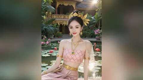 Elegant woman in traditional Thai gold jewelry and pink silk outfit sitting by a tropical garden pond.