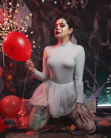 Woman in white spooky outfit holding a red balloon in a dark, misty Halloween setting.