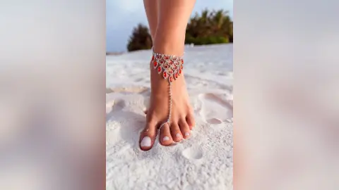 Elie shows off her feet and ankles, wearing a red and silver jeweled anklet and toe ring while standing on white sand.