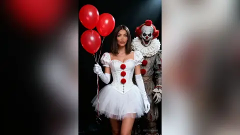 Woman in white puffy dress holding red balloons next to a creepy clown in a dark studio setting.