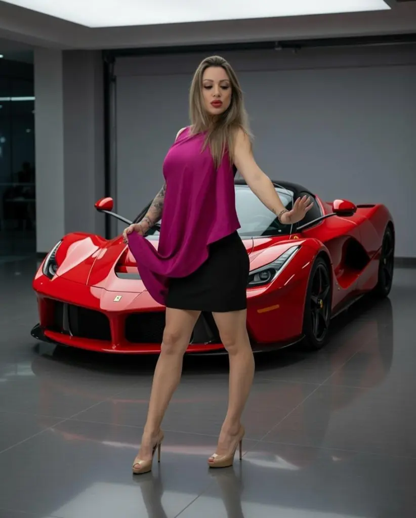 Leandra_Cole poses in a sleeveless pink top and black skirt, standing next to a red sports car in a garage setting.